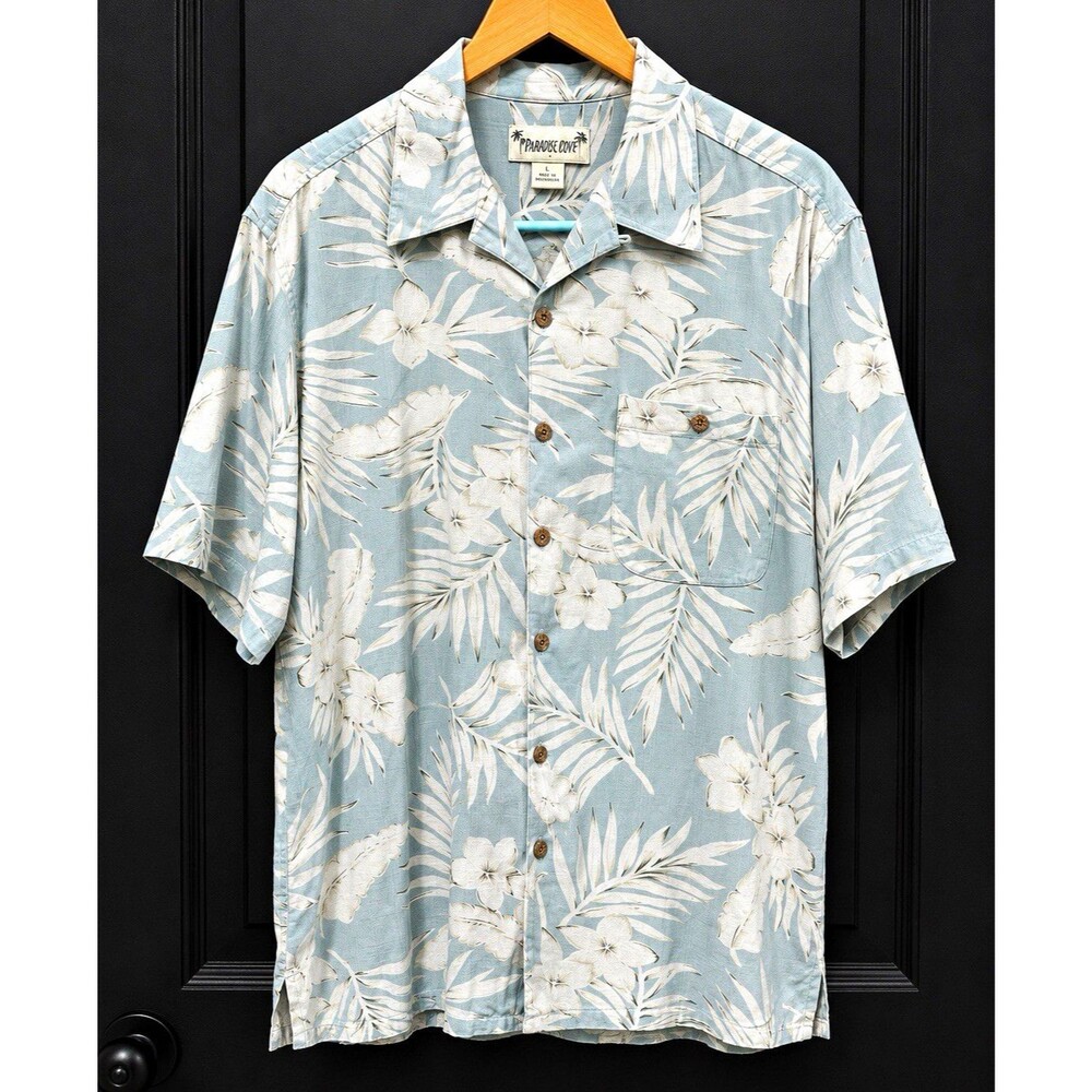 Paradise Cove Men's L Silk Short Sleeve Blue White Floral Hawaiian Shirt Pockets